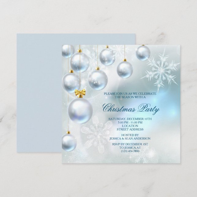 Silver Baubles & Snowflakes Weihnachten Party Einladung (Vorne/Hinten)