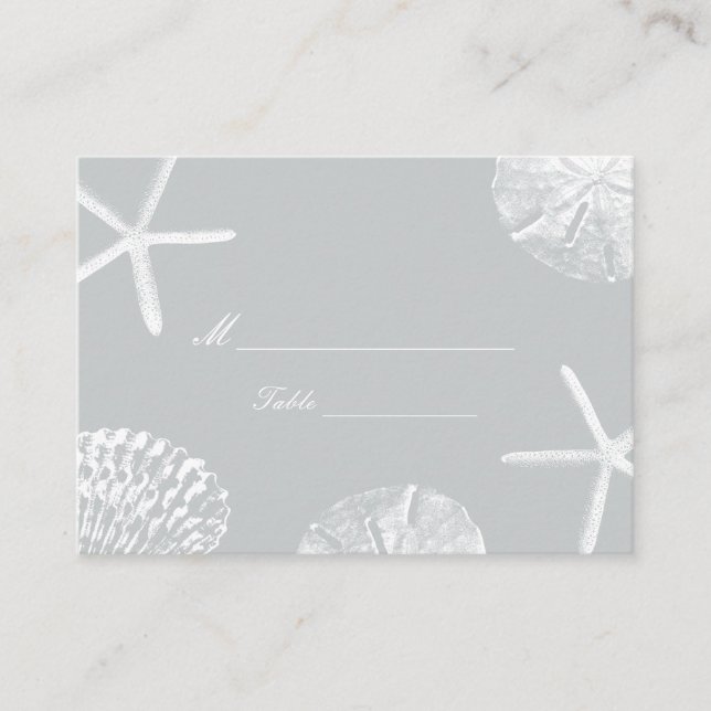 Silver Beach Theme Seashells Wedding Platzkarte (Vorderseite)