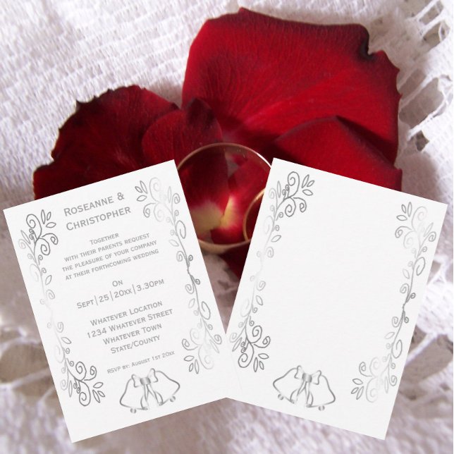 Silver Bells Scrollwork Design Wedding Einladung (Silver wedding invitation bells and scrollwork design)