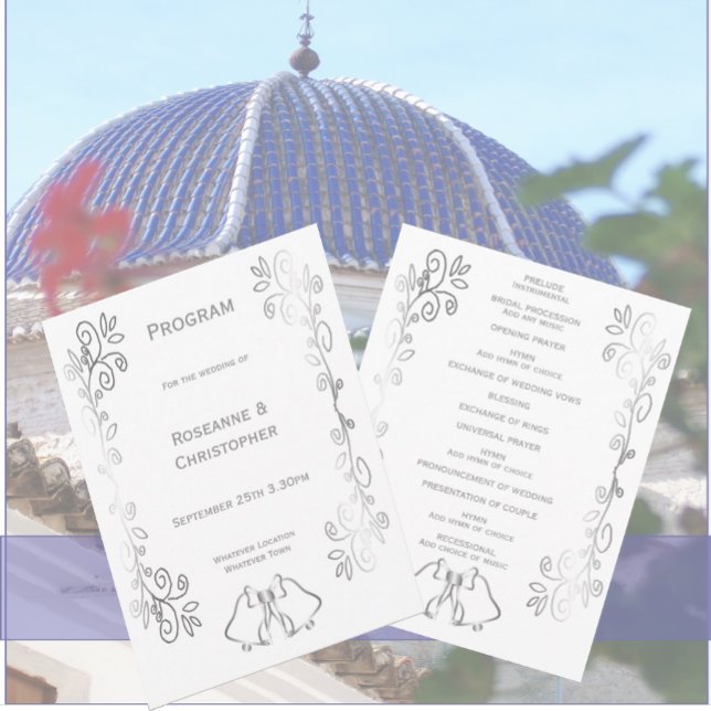 Silver Bells Scrollwork Design Wedding Programm (Silver wedding church program bells and scrollwork design)