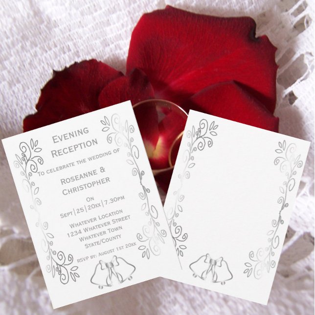 Silver Bells Scrollwork Hochzeitsempfang Einladung (Silver wedding reception invitation bells and scrollwork design)