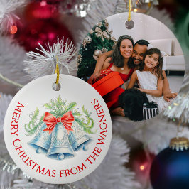 Silver bells watercolor red bow Christmas photo Keramik Ornament