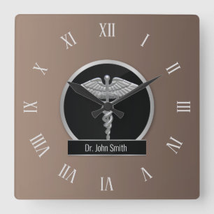 Silver Beruflich Medical Caduceus Quadratische Wanduhr