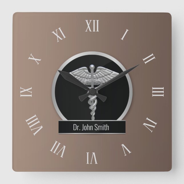 Silver Beruflich Medical Caduceus Quadratische Wanduhr (Vorderseite)