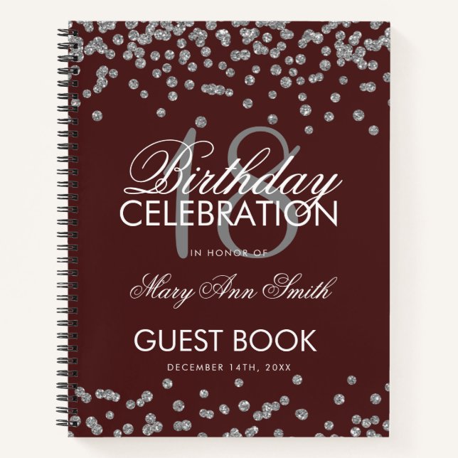 Silver Birthday Guestbook Confetti Burgundy Notizbuch (Vorderseite)