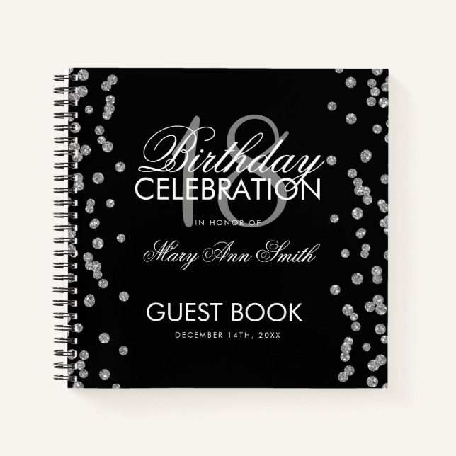 Silver Birthday Guestbook Glitzer Confetti Black Notizbuch (Vorderseite)