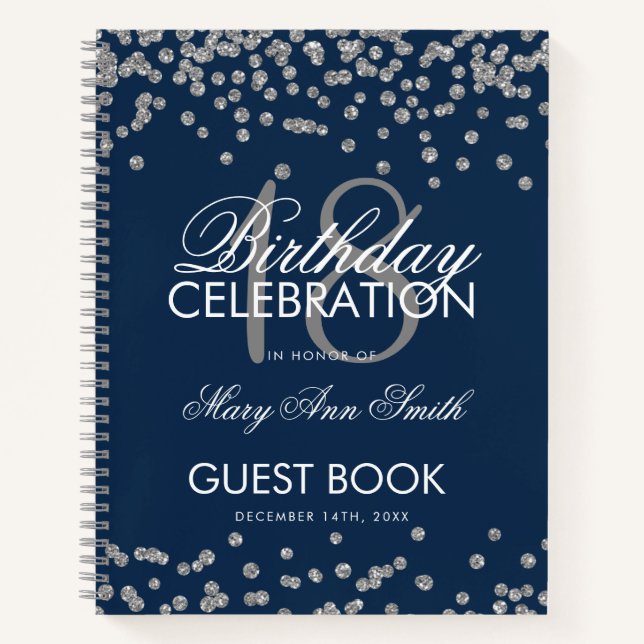 Silver Birthday Guestbook Glitzer Confetti Navy Notizbuch (Vorderseite)