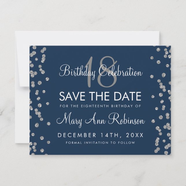 Silver Birthday Rett Date Glitzer Confetti Navy Save The Date (Vorderseite)