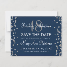 Silver Birthday Rett Date Glitzer Confetti Navy Save The Date