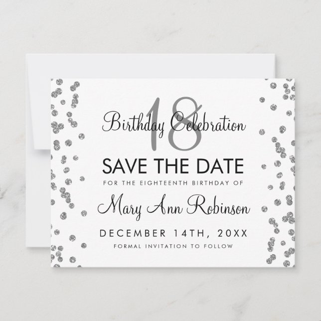 Silver Birthday Rett Date Glitzer Confetti White Save The Date (Vorderseite)