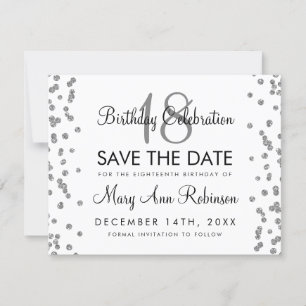 Silver Birthday Rett Date Glitzer Confetti White Save The Date