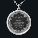 Silver & Black 25. Hochzeitstag Versilberte Kette<br><div class="desc">Das Bild eines silbernen,  glänzenden Blumendamastels mit weißen Diamanten und anpassbarem Text,  '25. Hochzeitstag.</div>