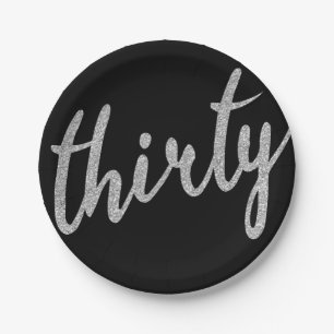 Silver Black 30 Geburtstagsparty Glitzer "Dreißig" Pappteller