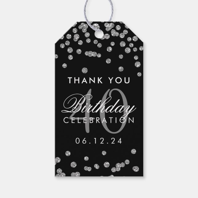 Silver Black 40. Geburtstag Danke Confetti Geschenkanhänger (Vorderseite)