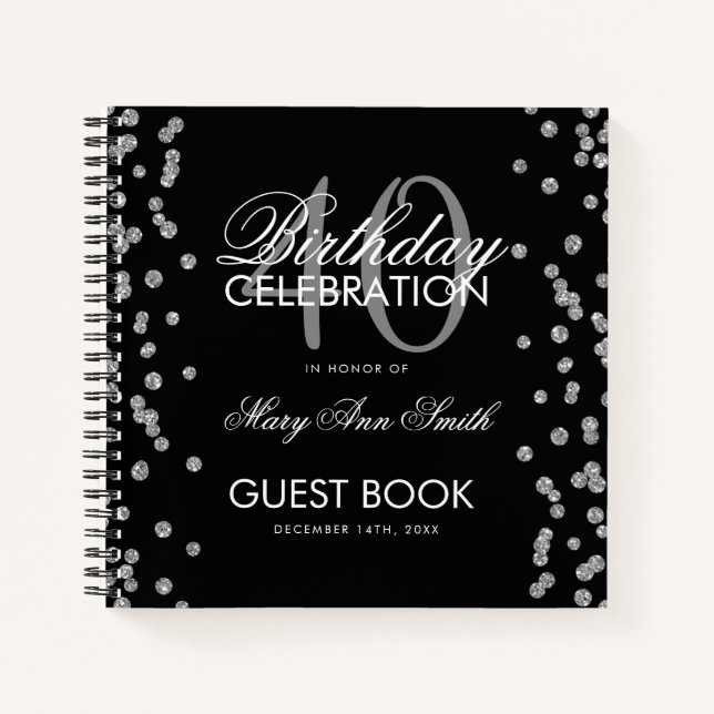 Silver Black 40. Geburtstag Gästebuch Confetti Notizbuch (Vorderseite)