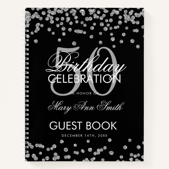 Silver Black 50. Geburtstag Gästebuch Confetti Notizbuch (Vorderseite)