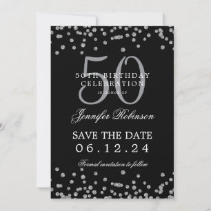 Silver Black 50. Geburtstag Save the Date Confetti Einladung