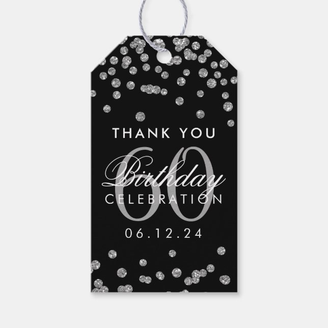 Silver Black 60. Geburtstag Danke Confetti Geschenkanhänger (Vorderseite)