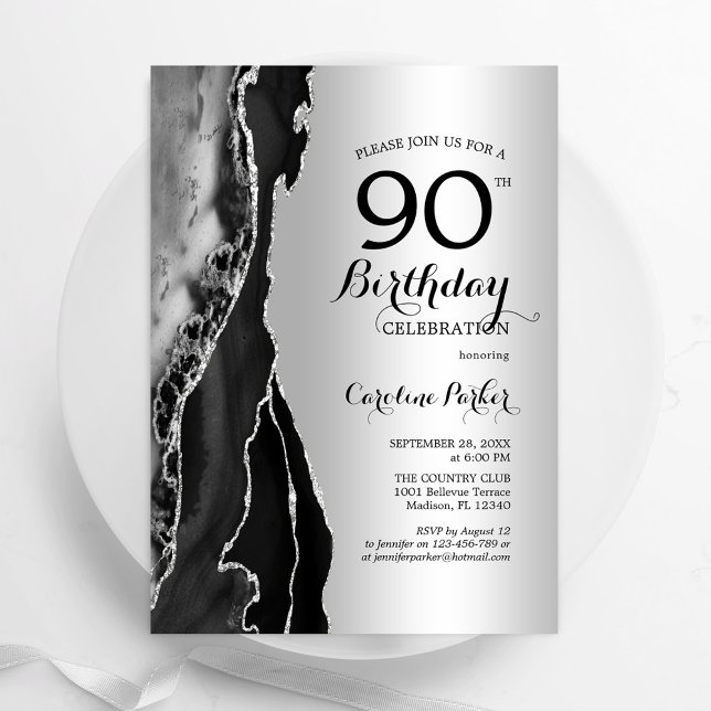 Silver Black Agate 90. Geburtstag Einladung (Von Creator hochgeladen)