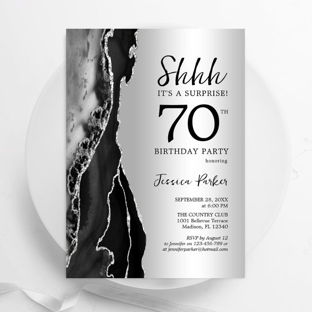 Silver Black Agate Überraschung 70. Geburtstag Einladung (Von Creator hochgeladen)