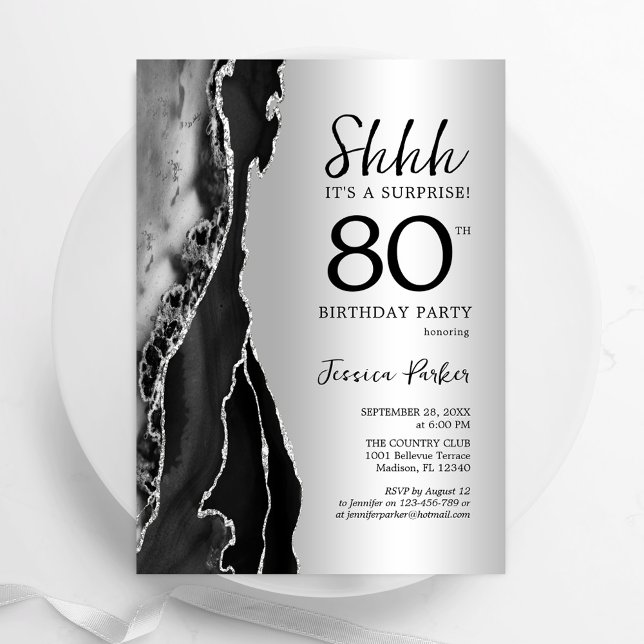Silver Black Agate Überraschung 80. Geburtstag Einladung (Von Creator hochgeladen)