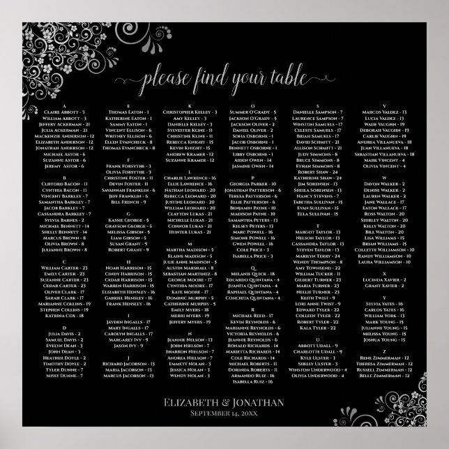 Silver & Black Alphabetical Wedding Seating Chart Poster (Vorne)