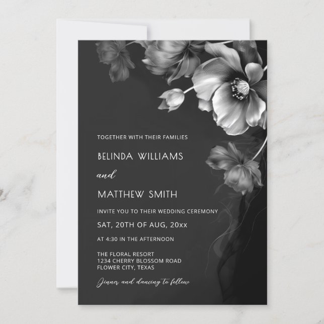 Silver Black And White Flowers Wedding Invitation Einladung (Vorderseite)