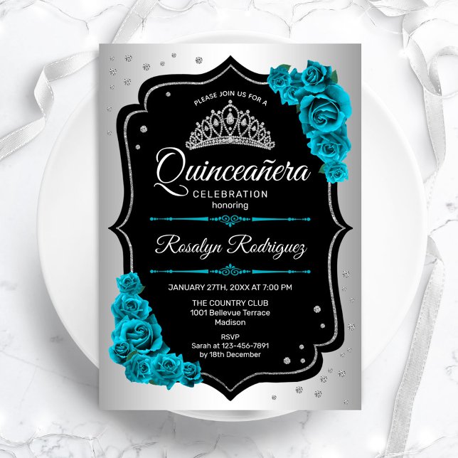 Silver Black Aquamarin Quinceanera Einladung (Von Creator hochgeladen)