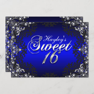 Silver Black Blue Pearl Damask Sweet 16 Einladung