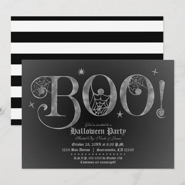 Silver & Black BOO Elegantes Halloween-Party Einladung (Vorne/Hinten)