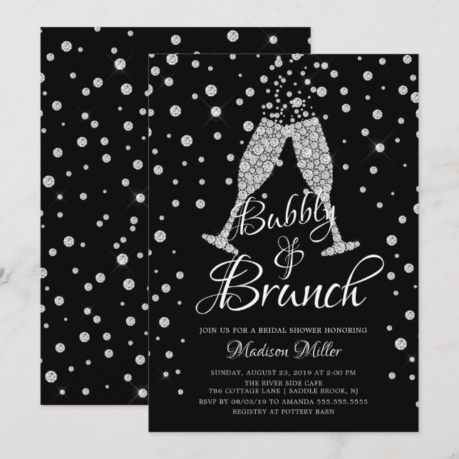 Silver & Black Bubbly & Brunch Brautparty Einladung (Vorne/Hinten)