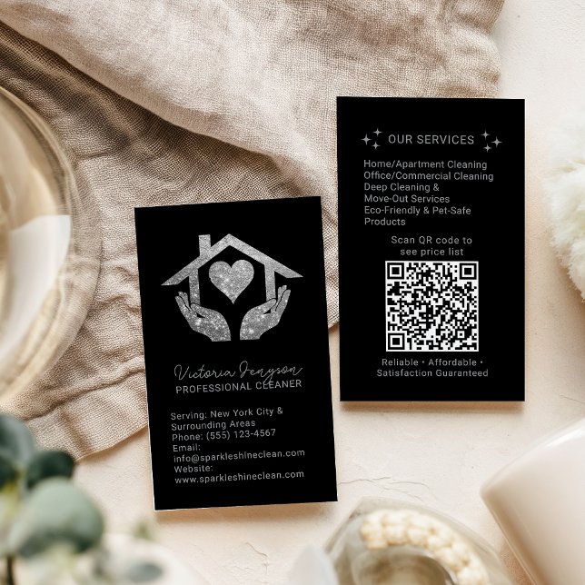 Silver Black Cleaning Service Maid QR Code Logo Visitenkarte (Silver Black Cleaning Service Maid QR Code Logo Business Card
)