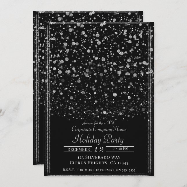 Silver & Black Confetti Spritzer Holiday Party Einladung (Vorne/Hinten)