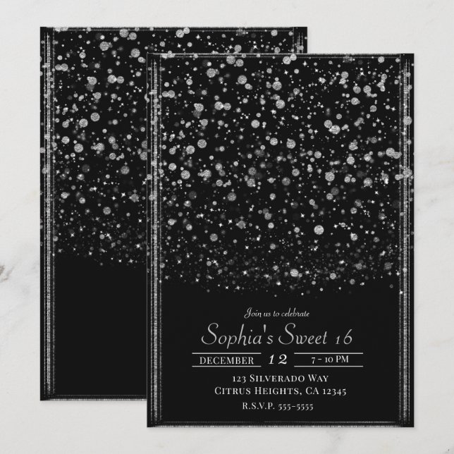Silver & Black Confetti Spritzer Sweet 16 Party Einladung (Vorne/Hinten)