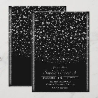 Silver & Black Confetti Spritzer Sweet 16 Party Einladung