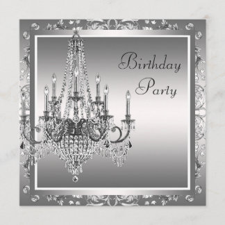 Silver Black Damask Chandelier Birthday Party Einladung