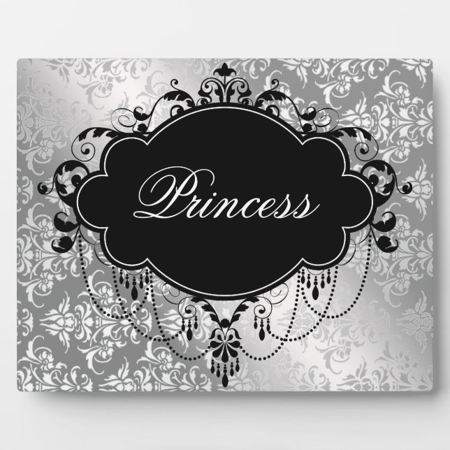 Silver Black Damask Princess Fotoplatte (Vorderseite)