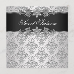 Silver Black Damask Schwarz-weiß Sweet 16 Geburtst Einladung