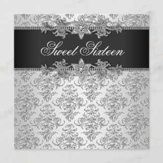 Silver Black Damask Schwarz-weiß Sweet 16 Geburtst Einladung