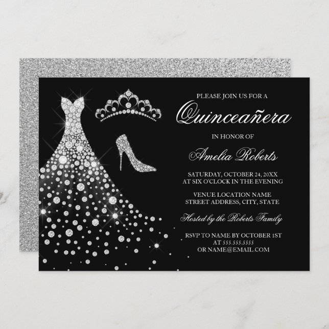 Silver Black Diamond Dress Tiara Quinceanera Einladung (Vorne/Hinten)