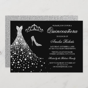 Silver Black Diamond Dress Tiara Quinceanera Einladung