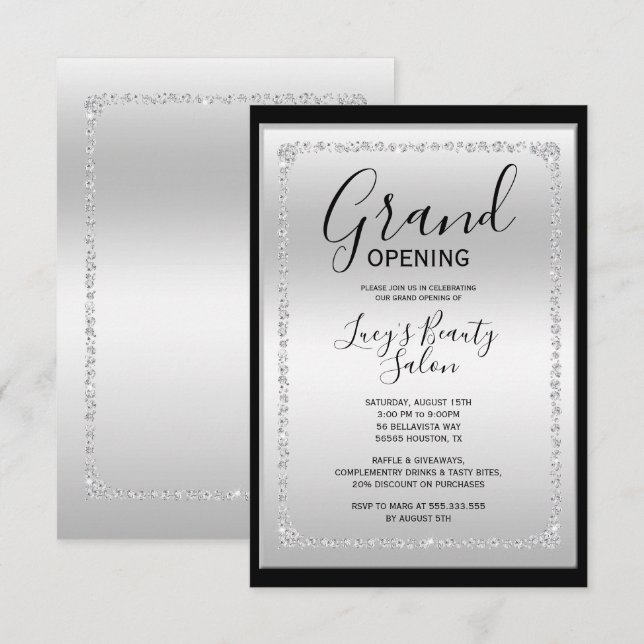 Silver & Black Diamond Gerahmt Grand Opening Einladung (Vorne/Hinten)