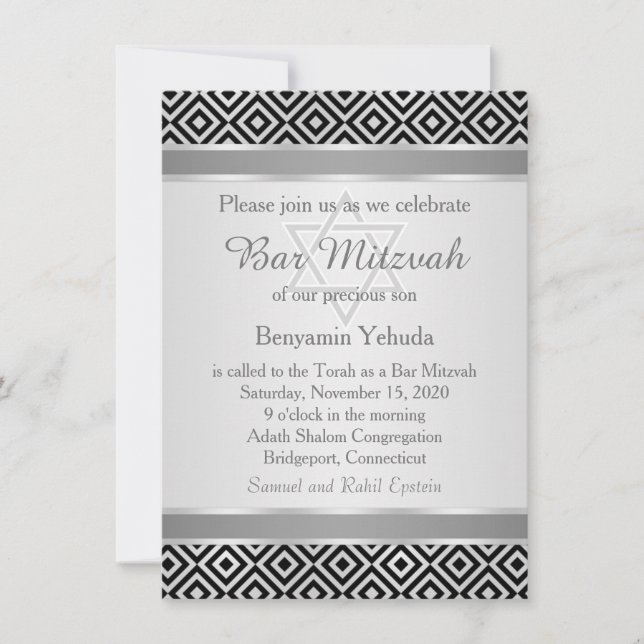 Silver Black Diamond Muster Bar Mitzvah Invite Einladung (Vorderseite)