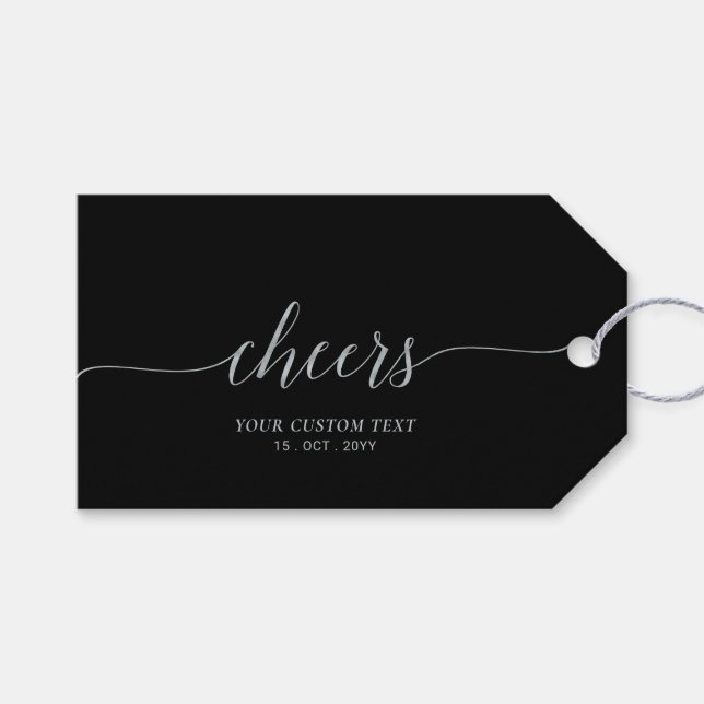 Silver & Black Elegante Script Cheers Event Party Geschenkanhänger (Vorderseite (Horizontal))