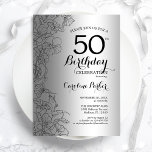 Silver Black Floral 50. Geburtstagsparty Einladung<br><div class="desc">Silver Black Floral 50. Geburtstag Party Einladung. Minimalistisches modernes Design mit botanischen Kontur Zeichnungen Akzente und Typografie Drehbuch Schriftart. Einfache,  trendige Einladungskarte für eine stilvolle Damenfeier. Kann für jedes Alter angepasst werden. Gedruckte Zazzle Einladungen oder Sofortdownload digitalen druckbaren Vorlage.</div>