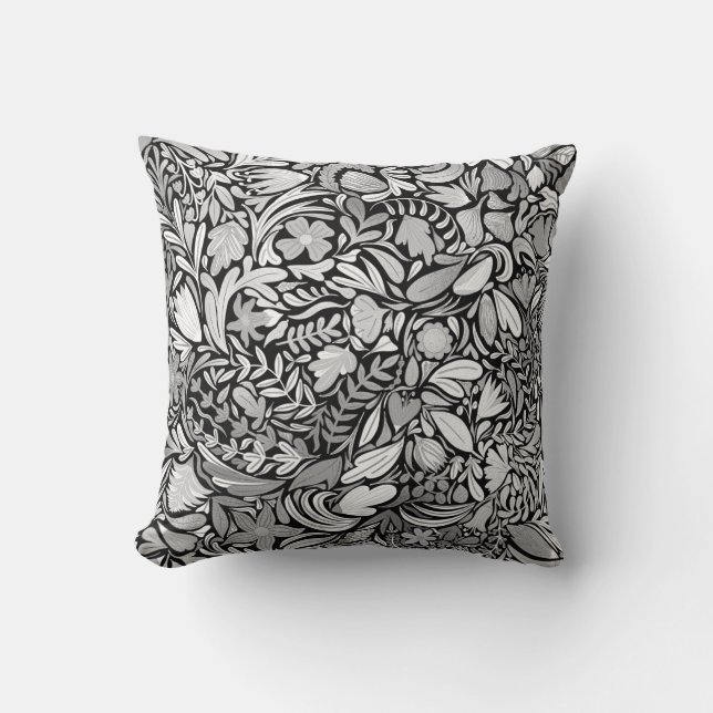 Silver Black Floral Blätter Illustration Muster Kissen (Vorderseite)