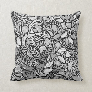 Silver Black Floral Blätter Illustration Muster Kissen
