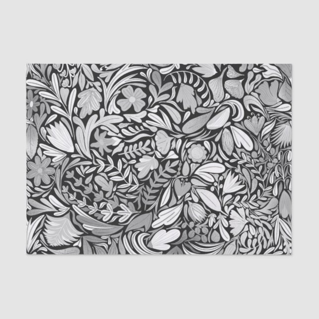 Silver Black Floral Blätter Illustration Muster Seidenpapier (Vorderseite)