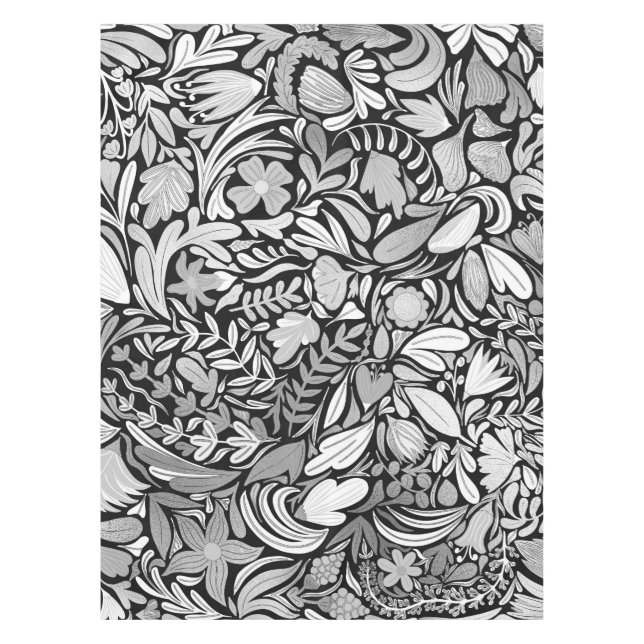 Silver Black Floral Blätter Illustration Muster Tischdecke (Vorderseite)