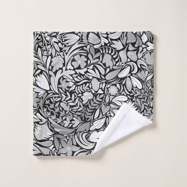 Silver Black Floral Blätter Illustration Muster Waschlappen (Waschlappen)